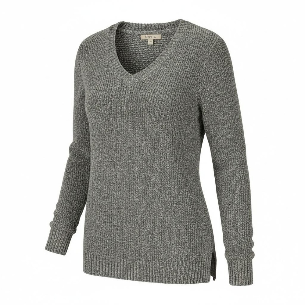 Orvis Sweater Womens Large Gray V Neck Chunky Knit Long Sleeve Pullover